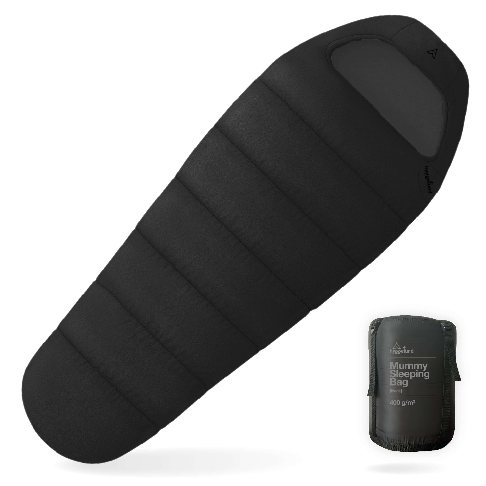 Schlafsack [400 GSM] Mumie 220x85x55 cm 2 C° bis -20 C°schwarz – hyggelund