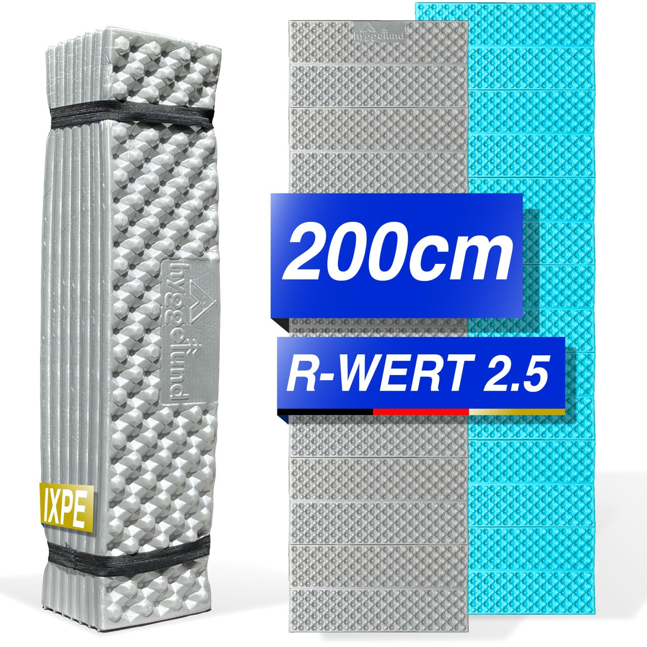 Isomatte Faltbar 200cm x 58cm x 2cm, IXPE Thermomatte R-Wert 2,5, ultraleichte Schlafmatte mit Aluminium-Beschichtung, Campingmatte für Trekking, Outdoor & Festival Cyan