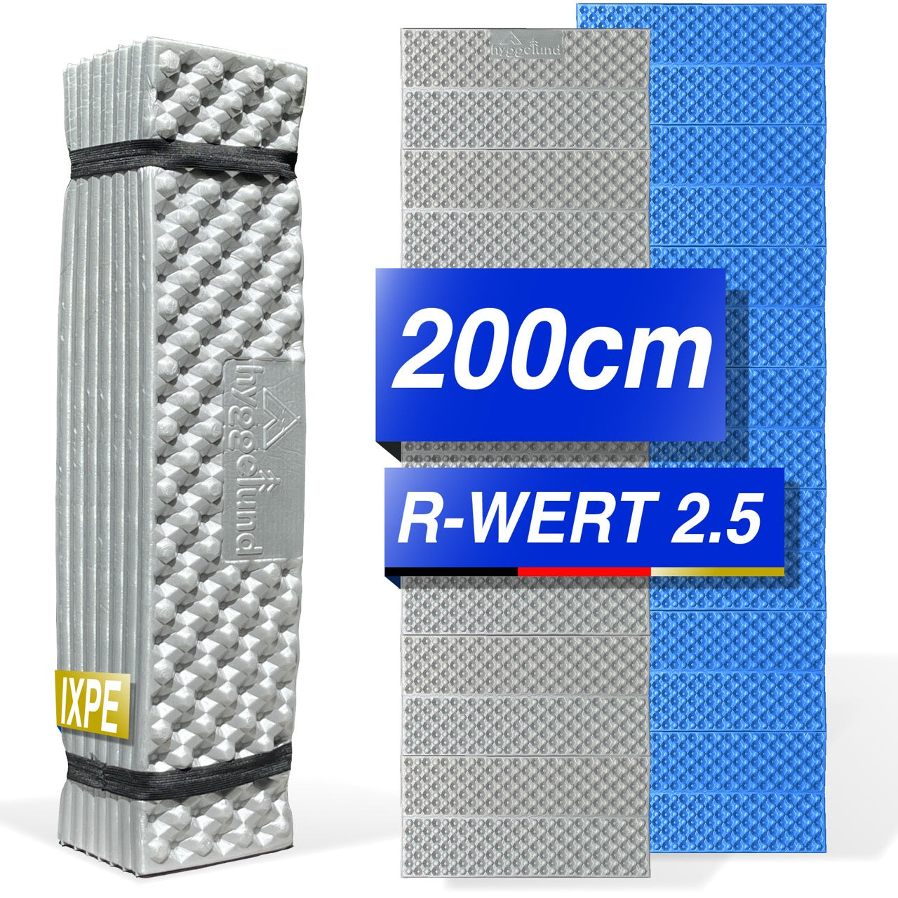 Isomatte Faltbar 200cm x 58cm x 2cm, IXPE Thermomatte R-Wert 2,5, ultraleichte Schlafmatte mit Aluminium-Beschichtung, Campingmatte für Trekking, Outdoor & Festival blau