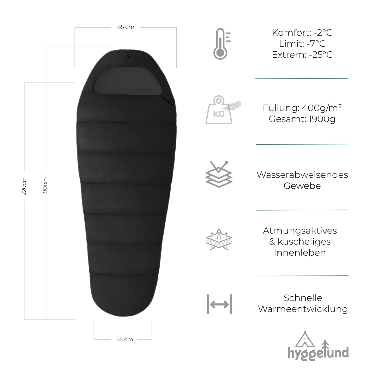 Schlafsack [400 GSM] 4-Jahreszeiten Mumienschlafsack 220x85x55 cm -5 C° bis -24 C°schwarz