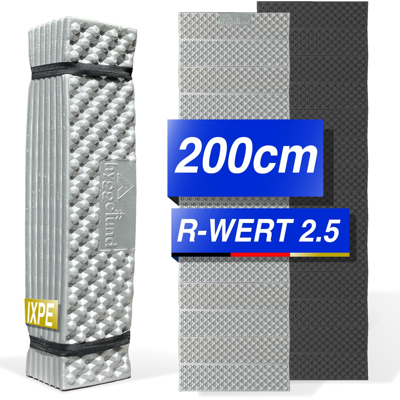 Isomatte Faltbar 200cm x 58cm x 2cm, IXPE Thermomatte R-Wert 2,5, ultraleichte Schlafmatte mit Aluminium-Beschichtung, Campingmatte für Trekking, Outdoor & Festival schwarz