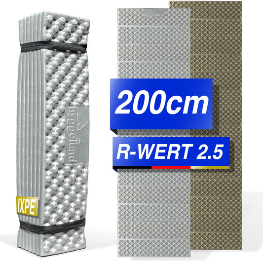Isomatte Faltbar 200cm x 58cm x 2cm, IXPE Thermomatte R-Wert 2,5, ultraleichte Schlafmatte mit Aluminium-Beschichtung, Campingmatte für Trekking, Outdoor & Festival Oliv