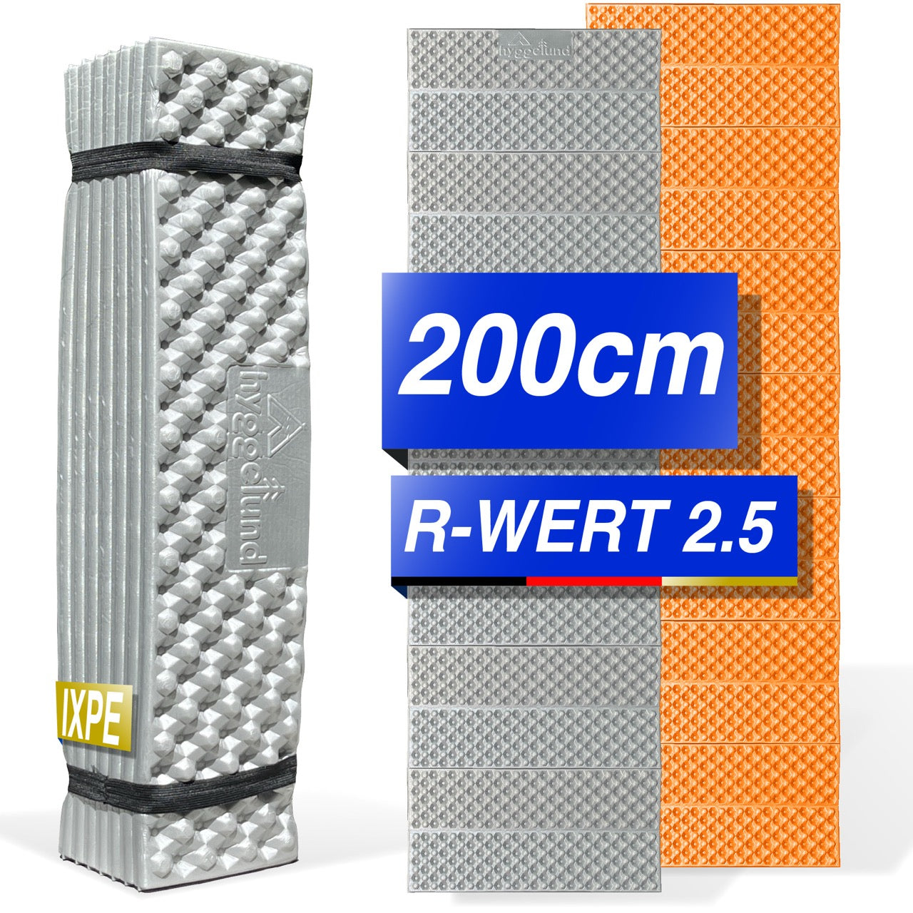 Isomatte Faltbar 200cm x 58cm x 2cm, IXPE Thermomatte R-Wert 2,5, ultraleichte Schlafmatte mit Aluminium-Beschichtung, Campingmatte für Trekking, Outdoor & Festival Orange